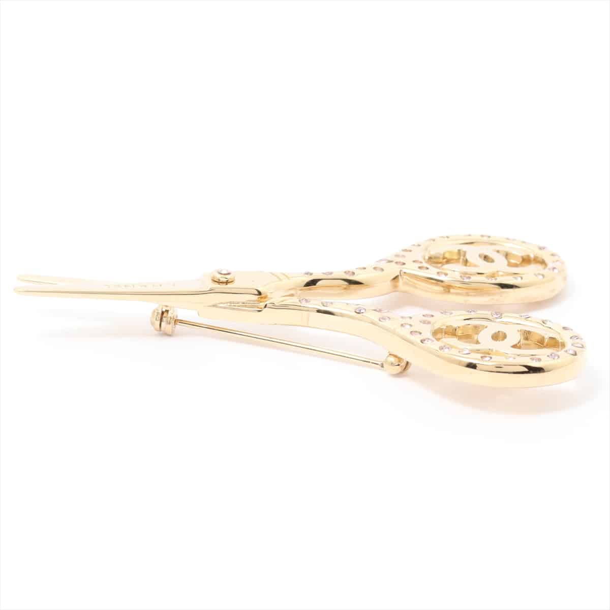 Chanel Brooch GP Gold 02P scissors pink rhinestones