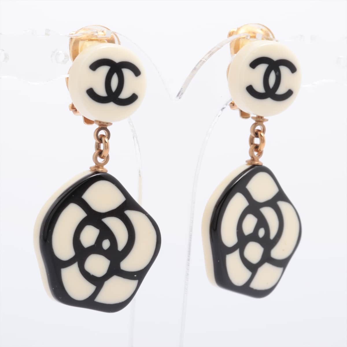 Chanel Coco Mark Camelia 03P Earrings (for both ears) Plastic Black × White