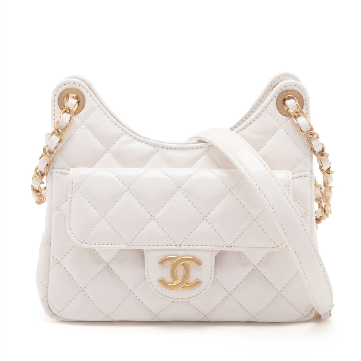 Chanel Matelasse Leather Chain shoulder bag small Hobo White Gold Metal fittings AS3710