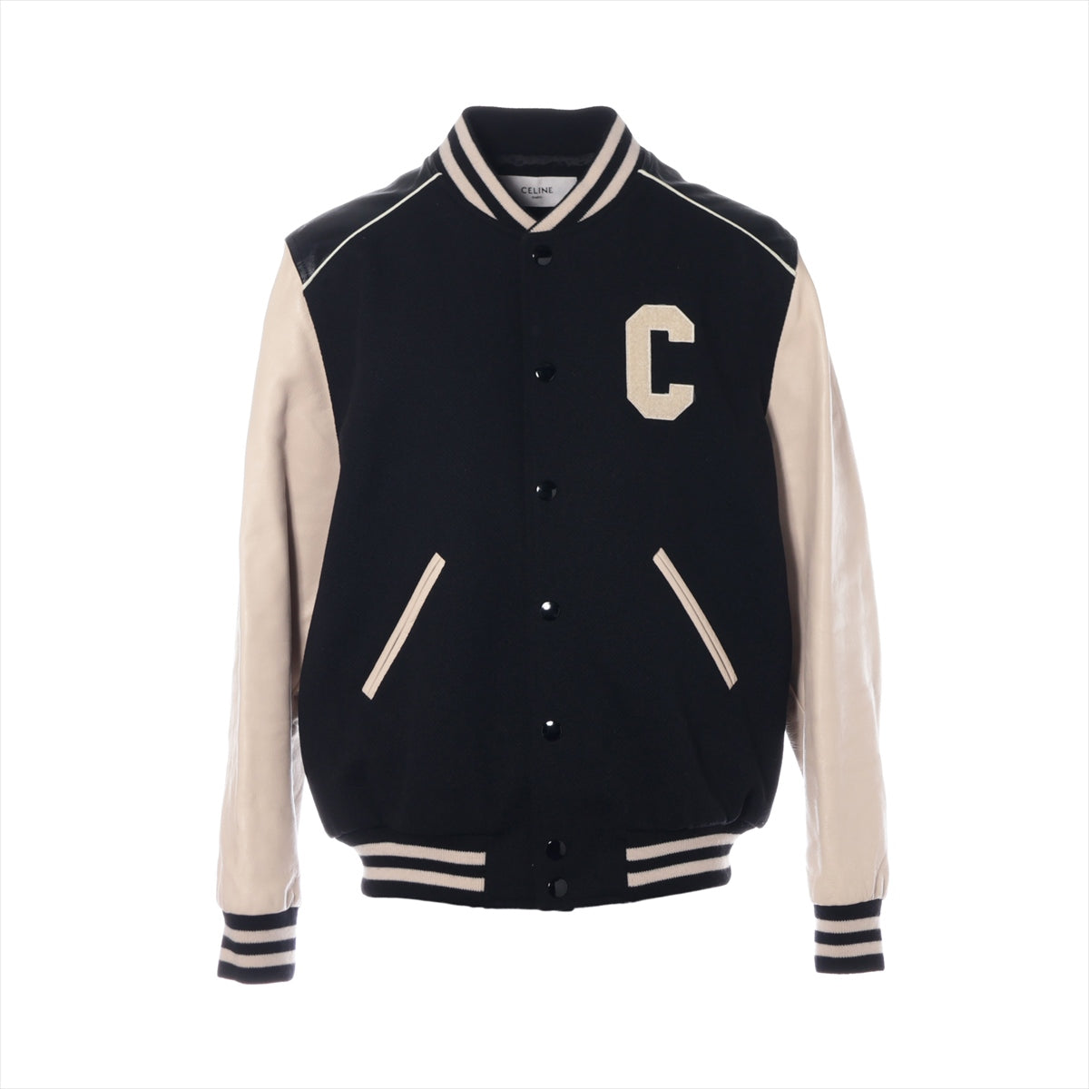 CELINE Teddy Eddie period Wool & Nylon Stadium jumper 52 Men's White x navy  oversized jacket textured 2V56D896C