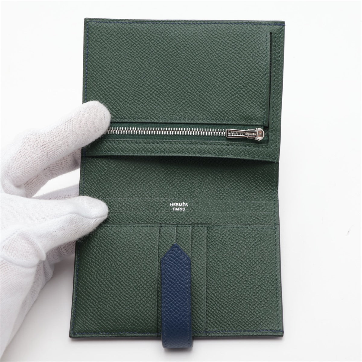 Hermès Bearn Compact Veau Epsom Bi-fold wallet Green x navy Silver Metal fittings B: 2023