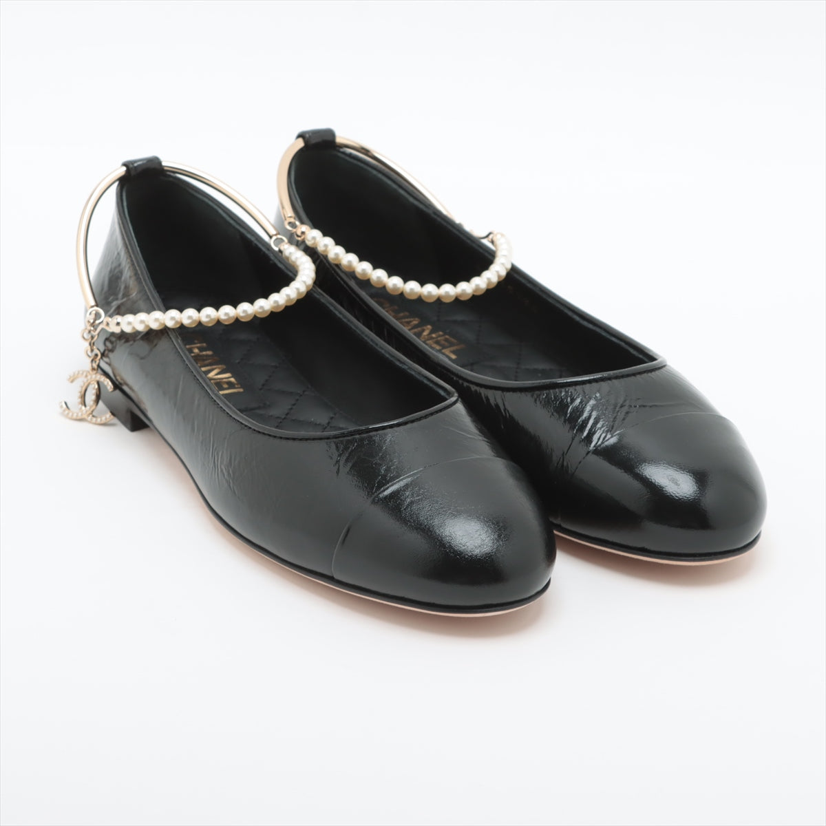 Chanel Coco Mark Camelia 23C Leather Strap Pumps EU38 Ladies' Black G38986 Imitation pearls Charm box There is a bag
