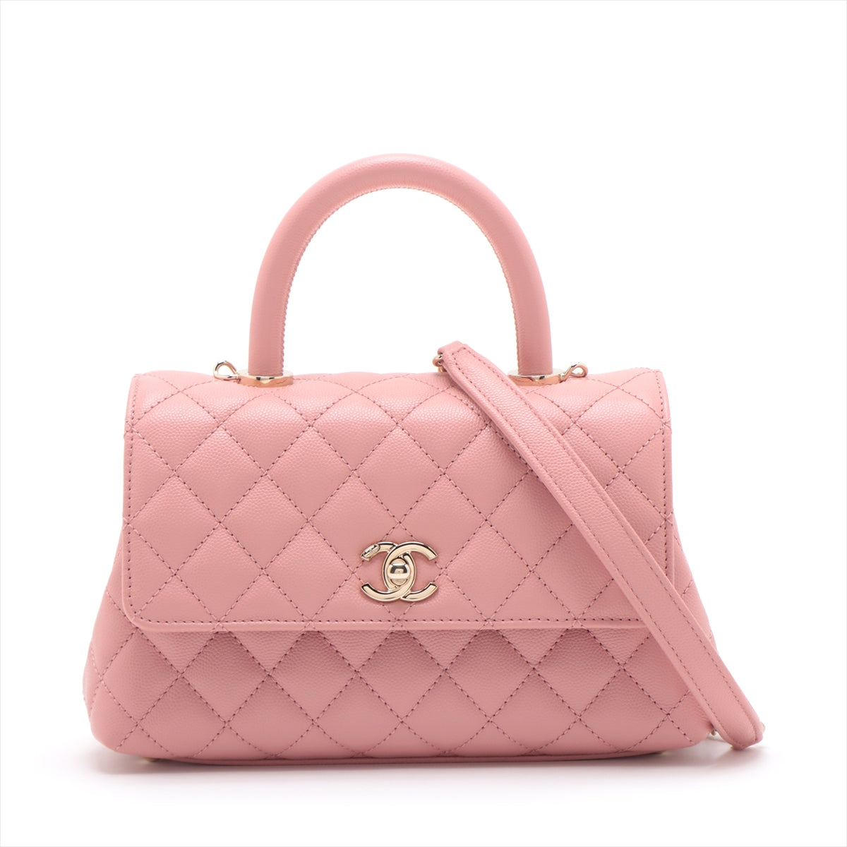 Chanel Coco handle 24 XS Caviar Skin 2 Way Handbag Pink Gold Metal Fittings A92990 There is a loose turn lock