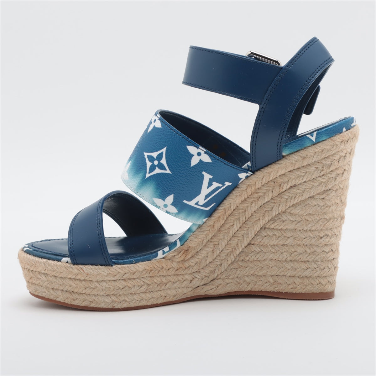 Louis Vuitton Starboard line 20 years PVC & leather Wedge Sole Sandals 38 Ladies' Blue x white CL0210 Monogram Espadrilles There is a V mark There is a storage bag