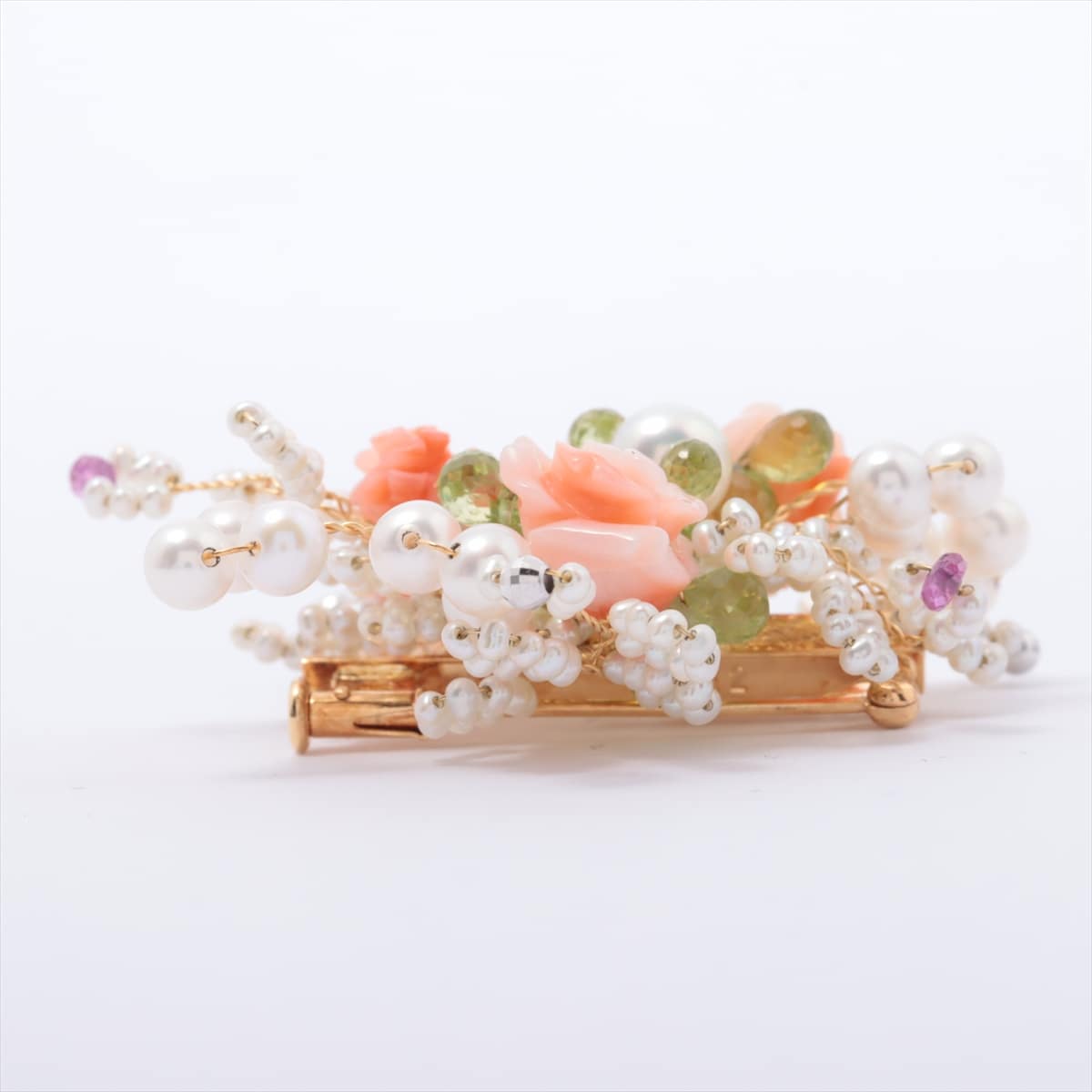 Pearl Coral Colored stone Brooch K18 × unknown hallmark Total 12.6g
