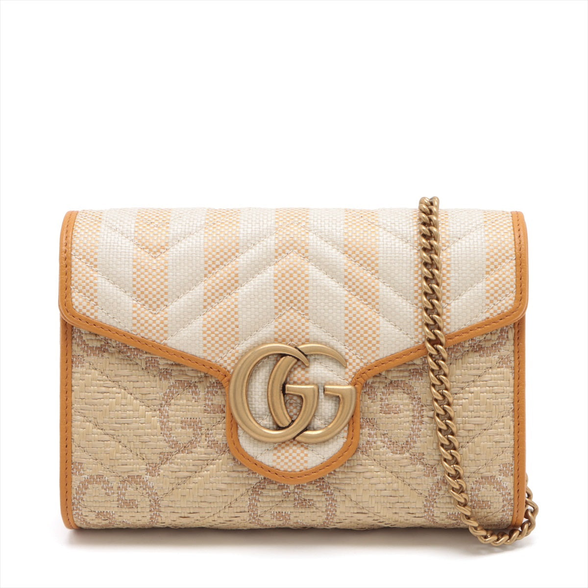 Gucci GG Marmont Raffia x leather Chain Wallet Beige 474575