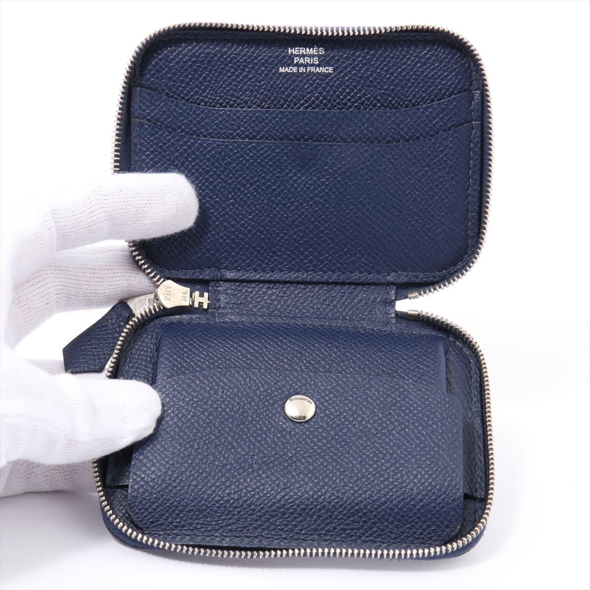 Hermès Soirecourt Veau Epsom × Silk Coin case Navy blue Silver Metal fittings X: 2016