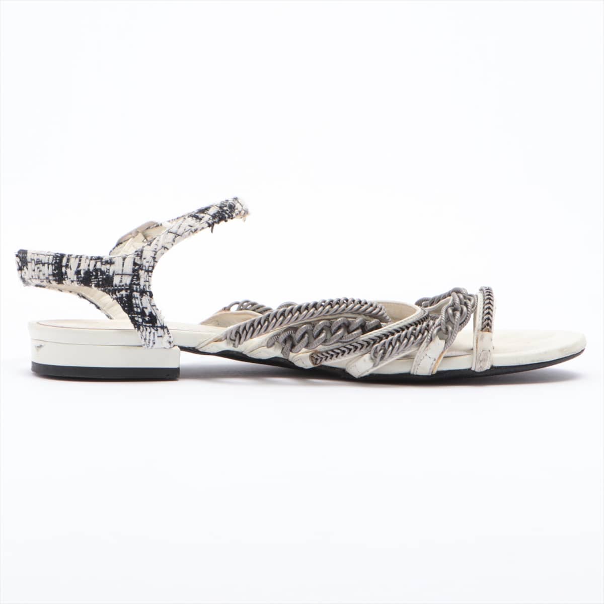 Chanel Leather Sandals 35C Ladies' White Tweed Chain Coco Mark Resoled