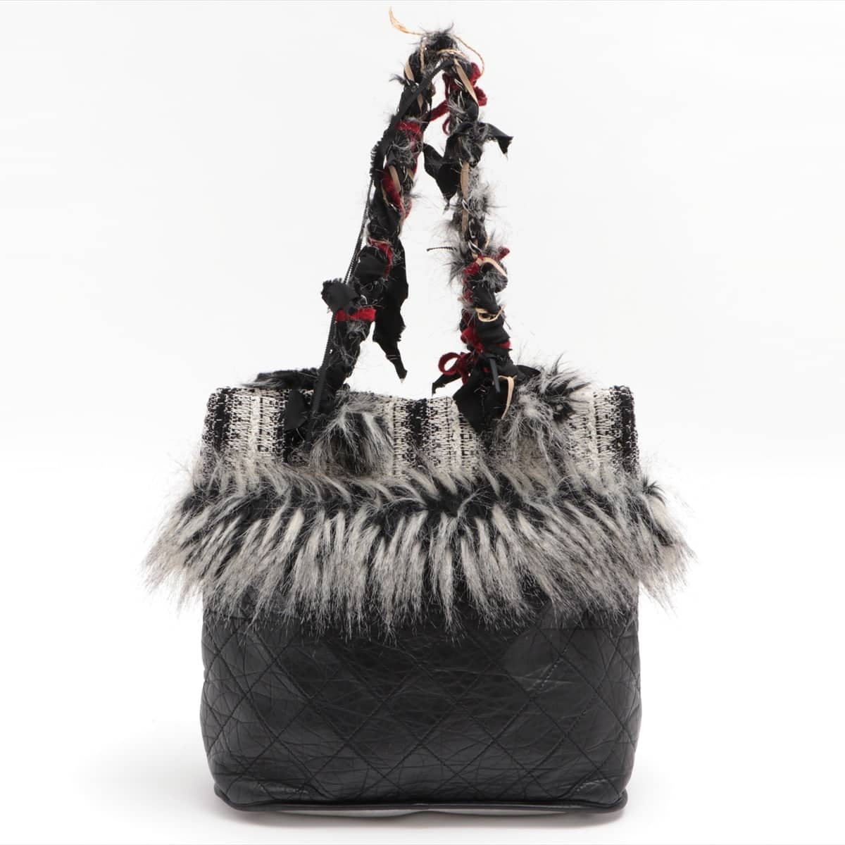 Chanel Fantasy Calfskin x tweed x fur Tote bag Black Silver Metal fittings 14XXXXXX