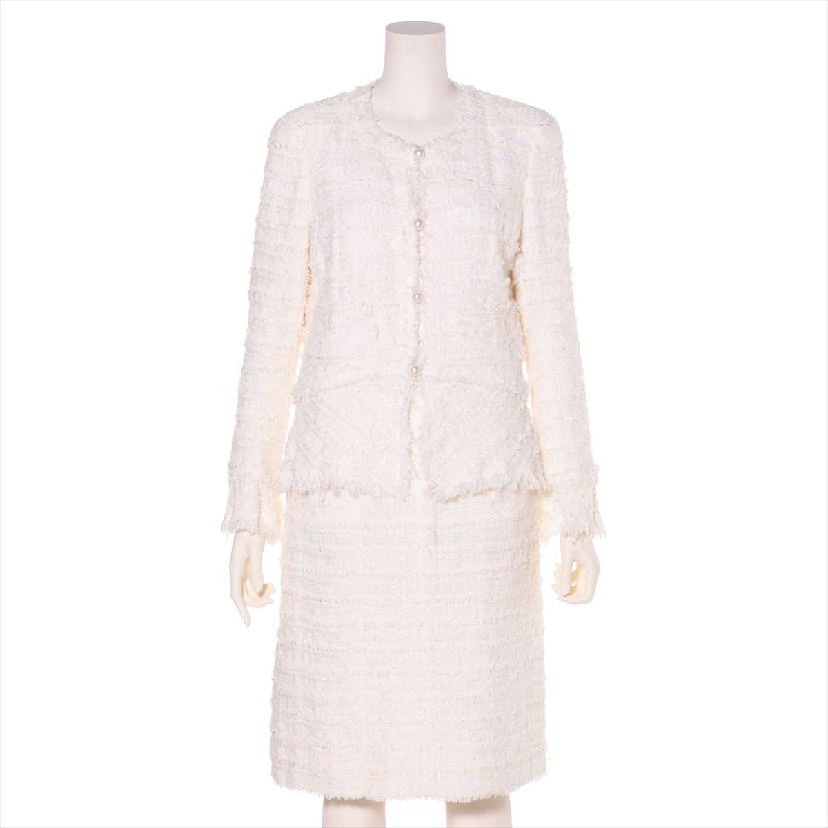 Chanel Coco Button 05P Tweed Setup 42/38 Ladies' Ivory  There are armpit stains Imitation pearls