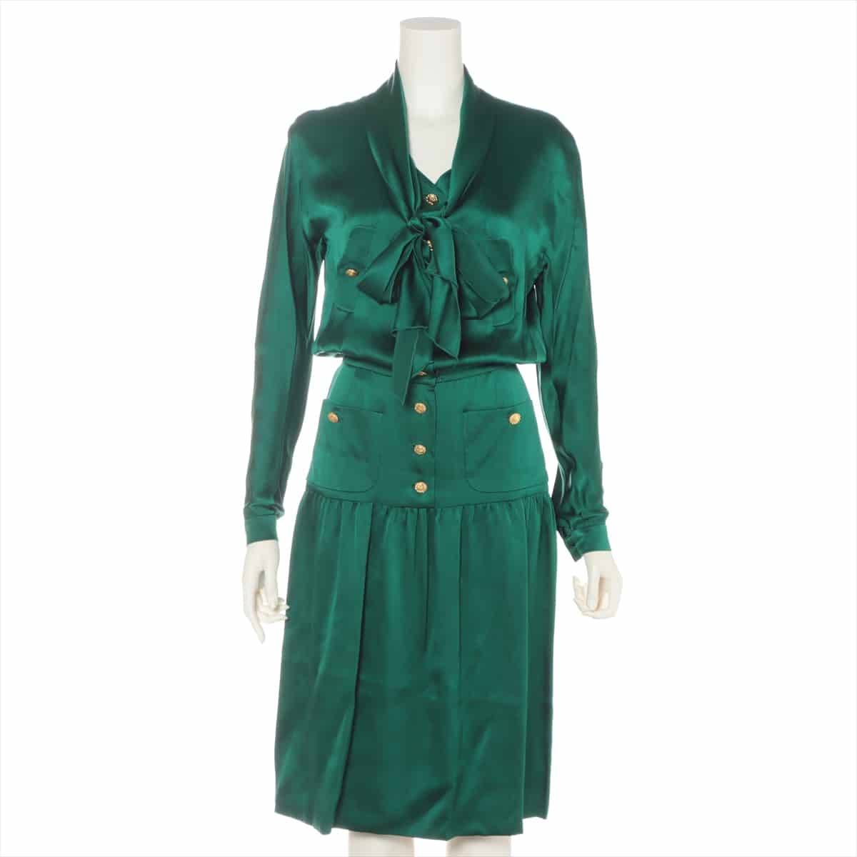 Chanel Coco Button Silk Dress 36 Ladies' Green