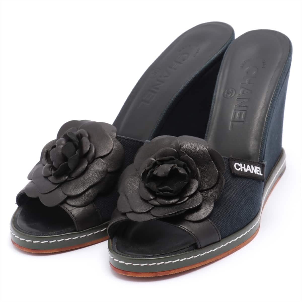 Chanel Canvas & leather Sandals 38.5 Ladies' Green Camelia