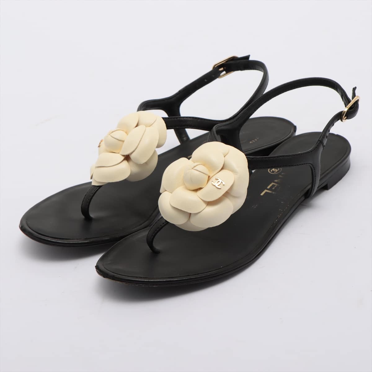 Chanel Coco Mark Camelia Leather Sandals 35 1/2 C Ladies' Black