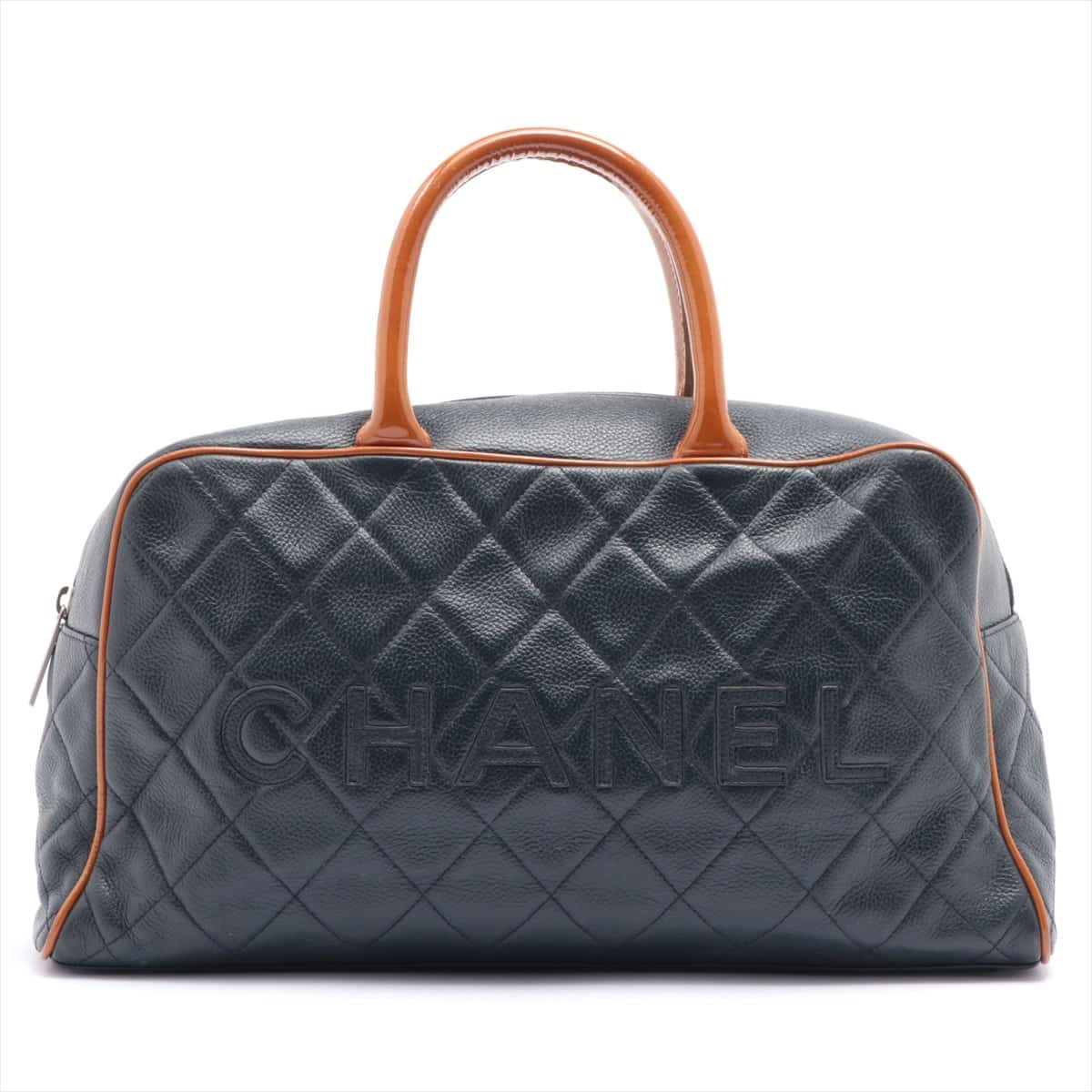 Chanel Matelasse Leather & patent Boston bag Navy blue Silver Metal fittings 6XXXXXX