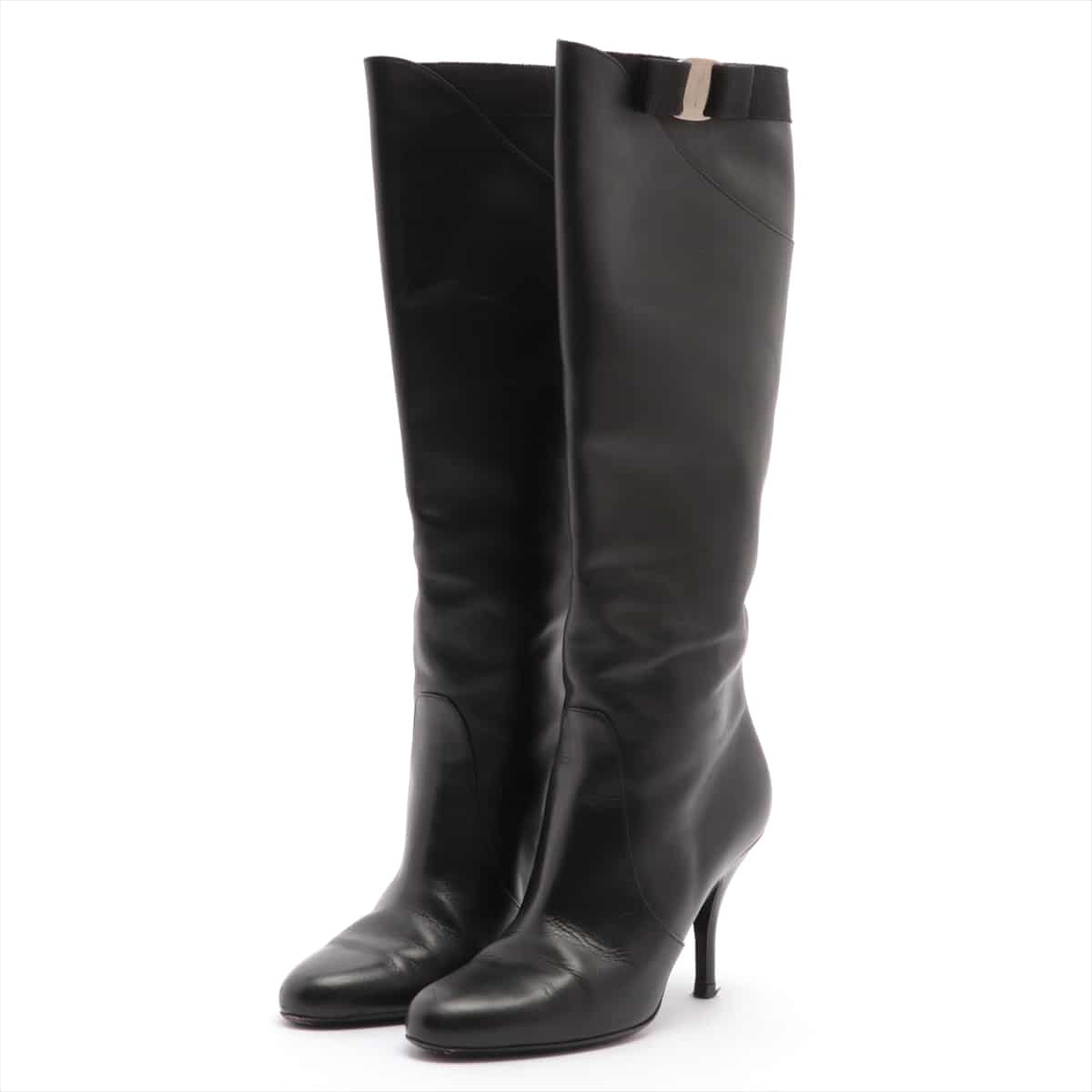 Ferragamo Vara Leather Long boots 6.5C Ladies' Black Ribbon