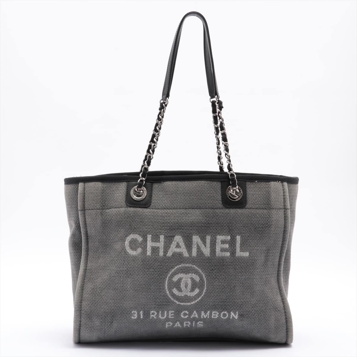 Chanel Deauville MM canvas Chain tote bag Black Silver Metal fittings 16XXXXXX