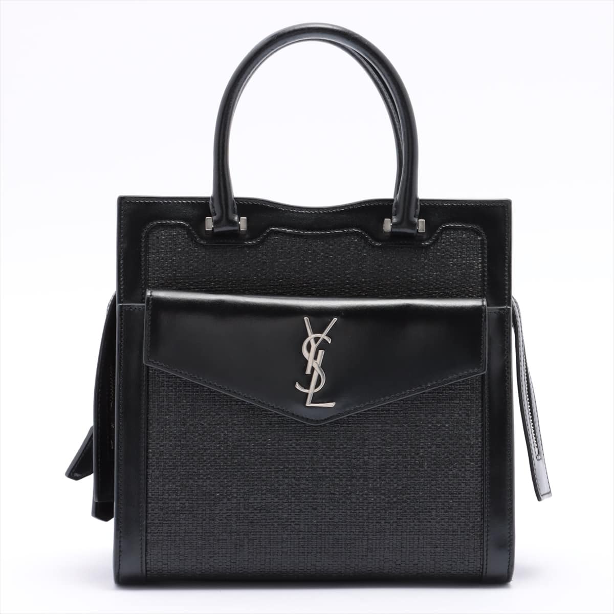 Saint Laurent Paris Uptown Straw & leather Hand bag Black 561203