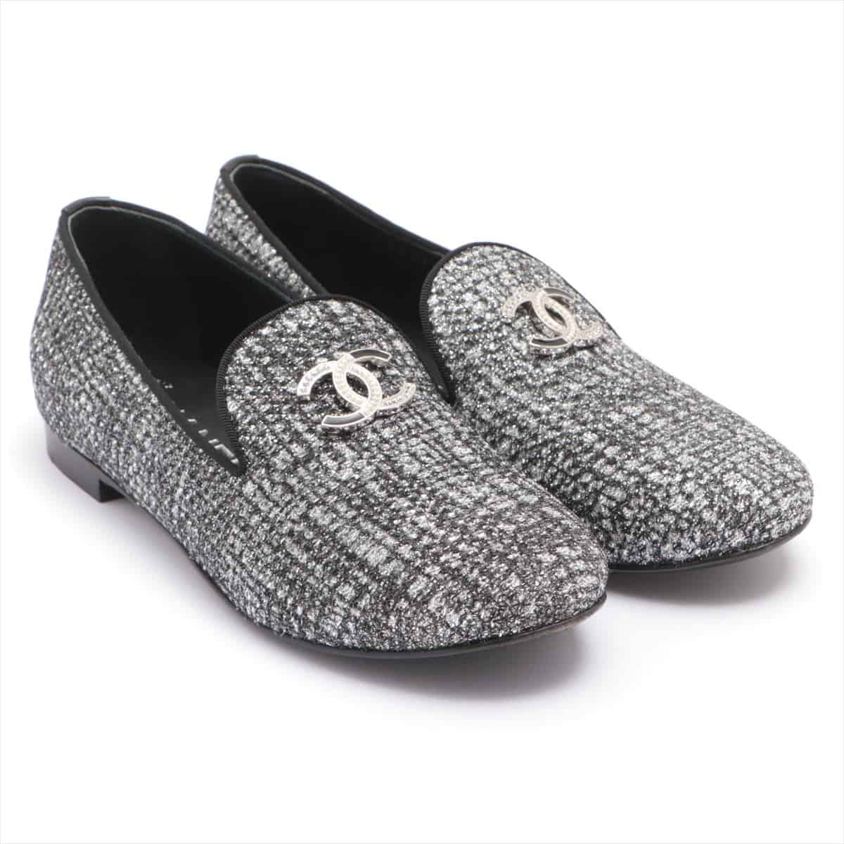 Chanel Coco Mark Tweed Loafer 35C Ladies' Black × Silver Opera shoes