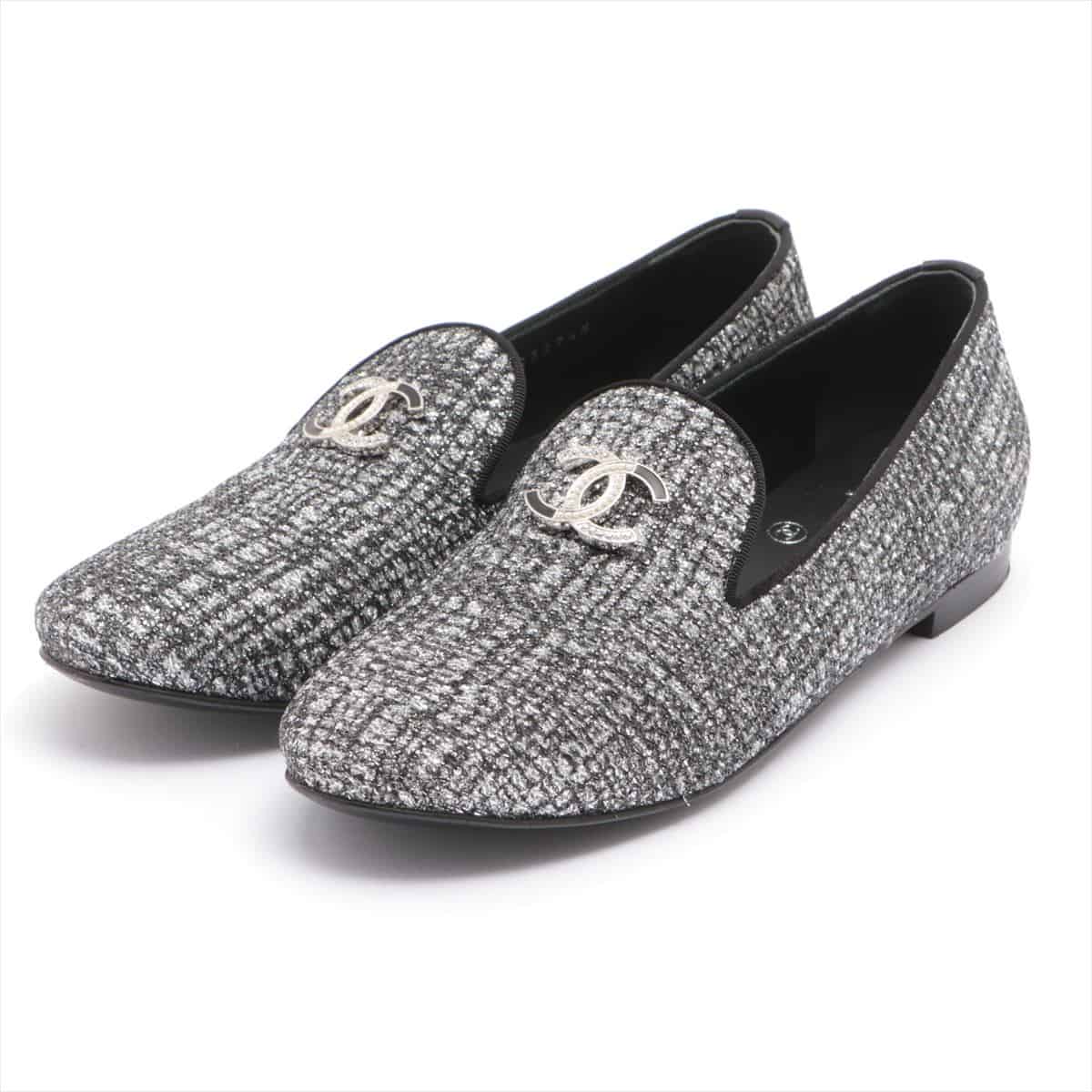 Chanel Coco Mark Tweed Loafer 35C Ladies' Black × Silver Opera shoes