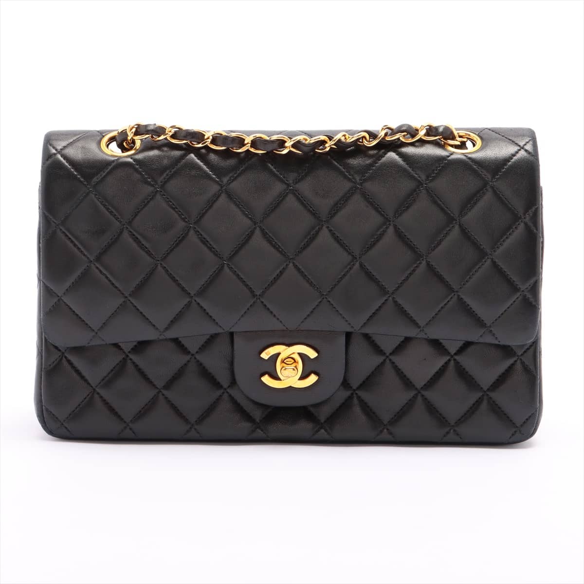 Chanel Matelasse Lambskin Double flap Single chain handbag Black Gold Metal fittings 5XXXXXX