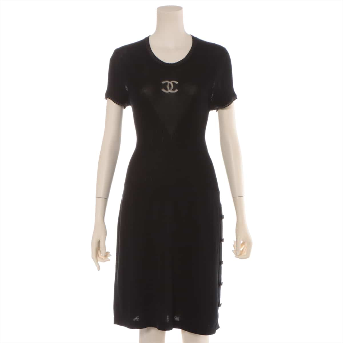 Chanel Coco Mark P37 Cotton & silk Knit dress 42 Ladies' Black  Lion button