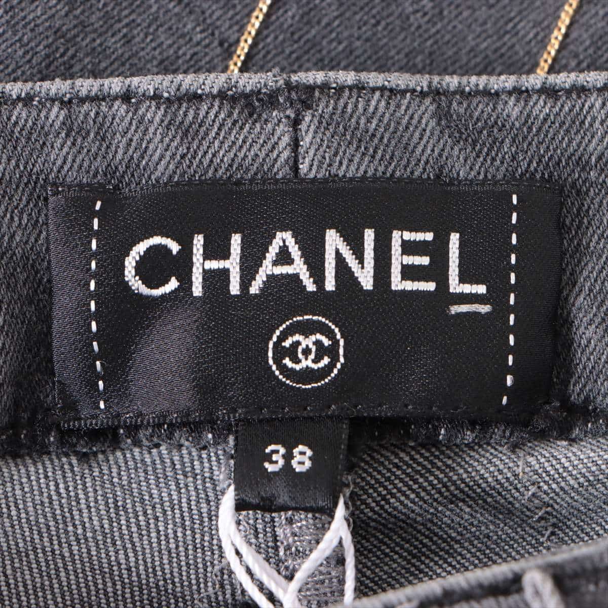 Chanel Coco Mark P63 Cotton & polyurethane Denim pants 38 Ladies' Grey  chain stripe