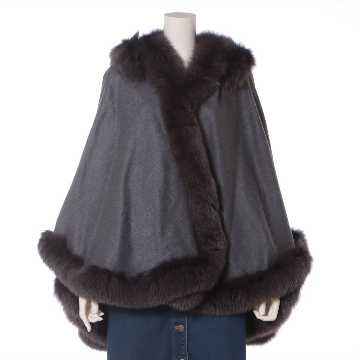 Balmain Fox x cashmere Poncho F Ladies' Grey  Removable hood