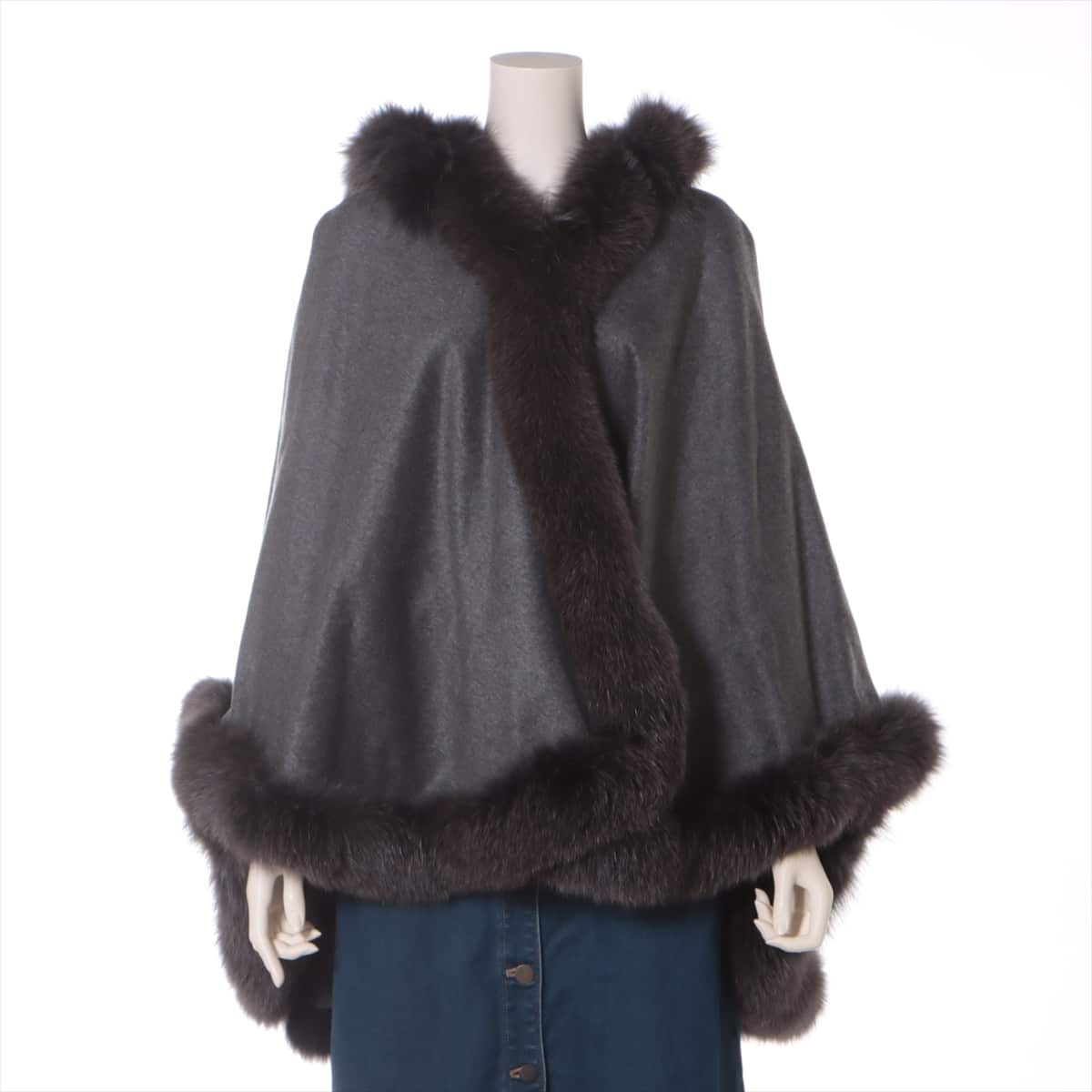 Balmain Fox x cashmere Poncho F Ladies' Grey  Removable hood