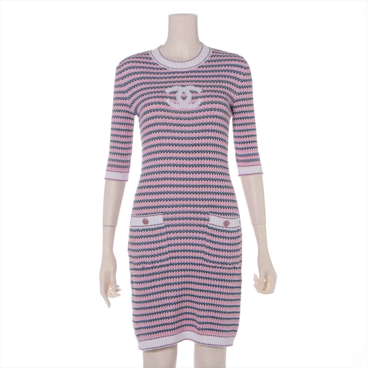 Chanel Coco Button P63 Cotton Knit dress 36 Ladies' White x pink