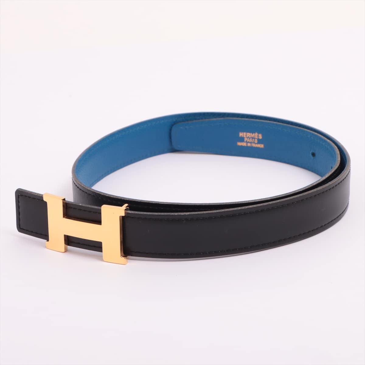 Hermès H Belt □A: 1997 Belt 65 Box Calf × Courchevel Blue x black