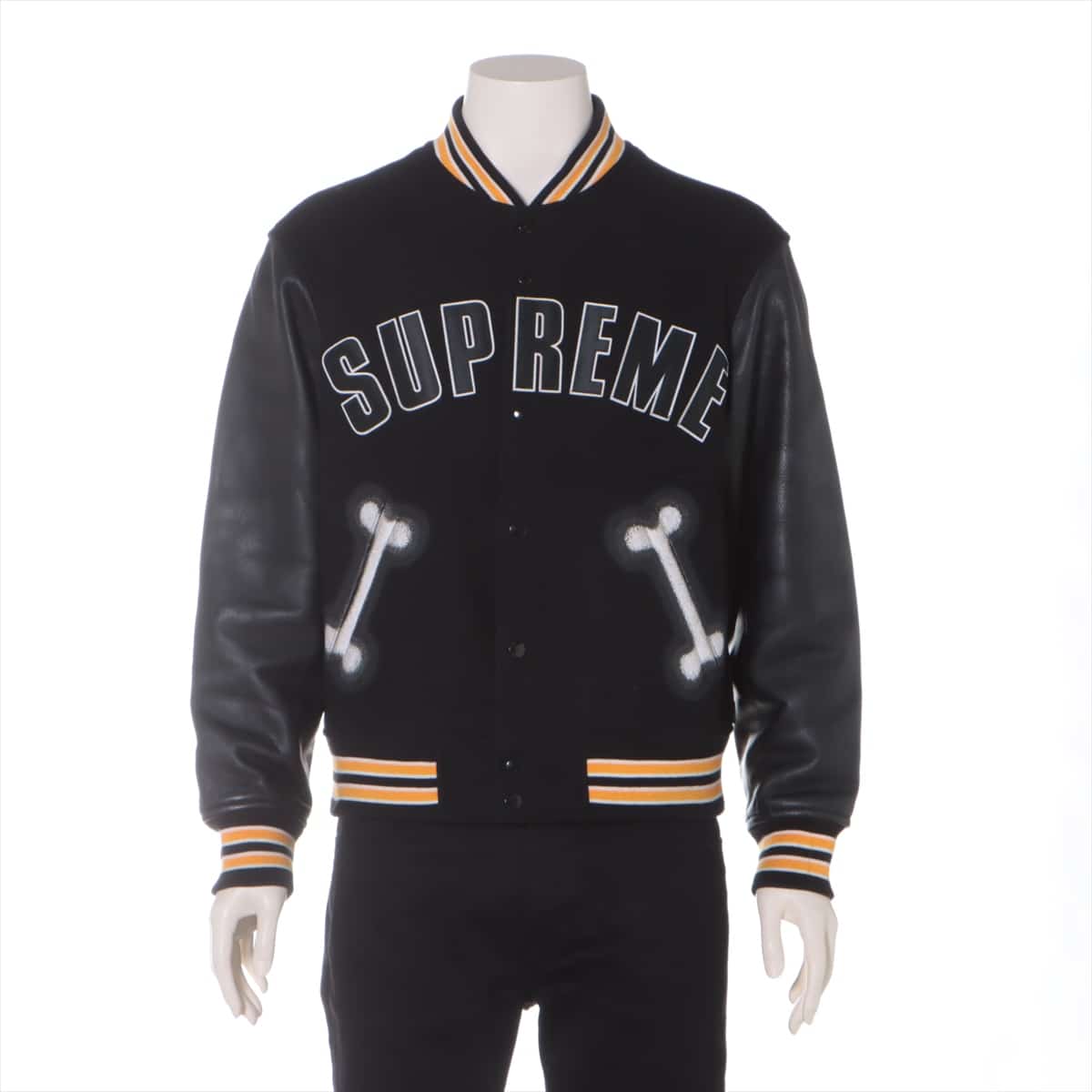 Supreme 18AW Wool & nylon Stadium jumper S Men's Black  Bone Varsity Leather switching