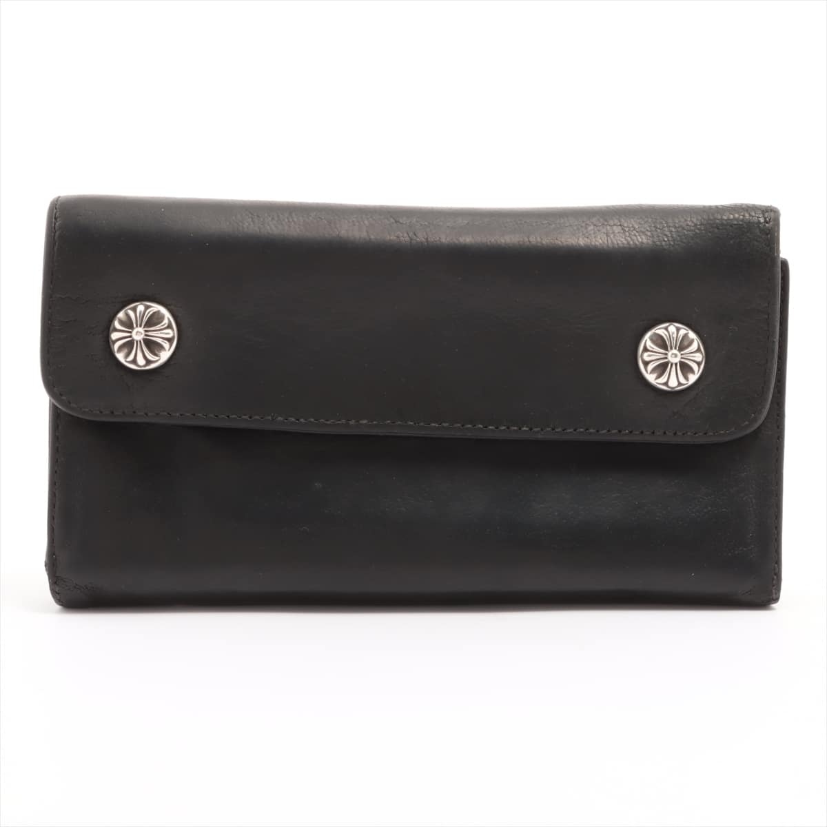 Chrome Hearts Wave Wallet Leather & 925 Black Cross button Dagger zip