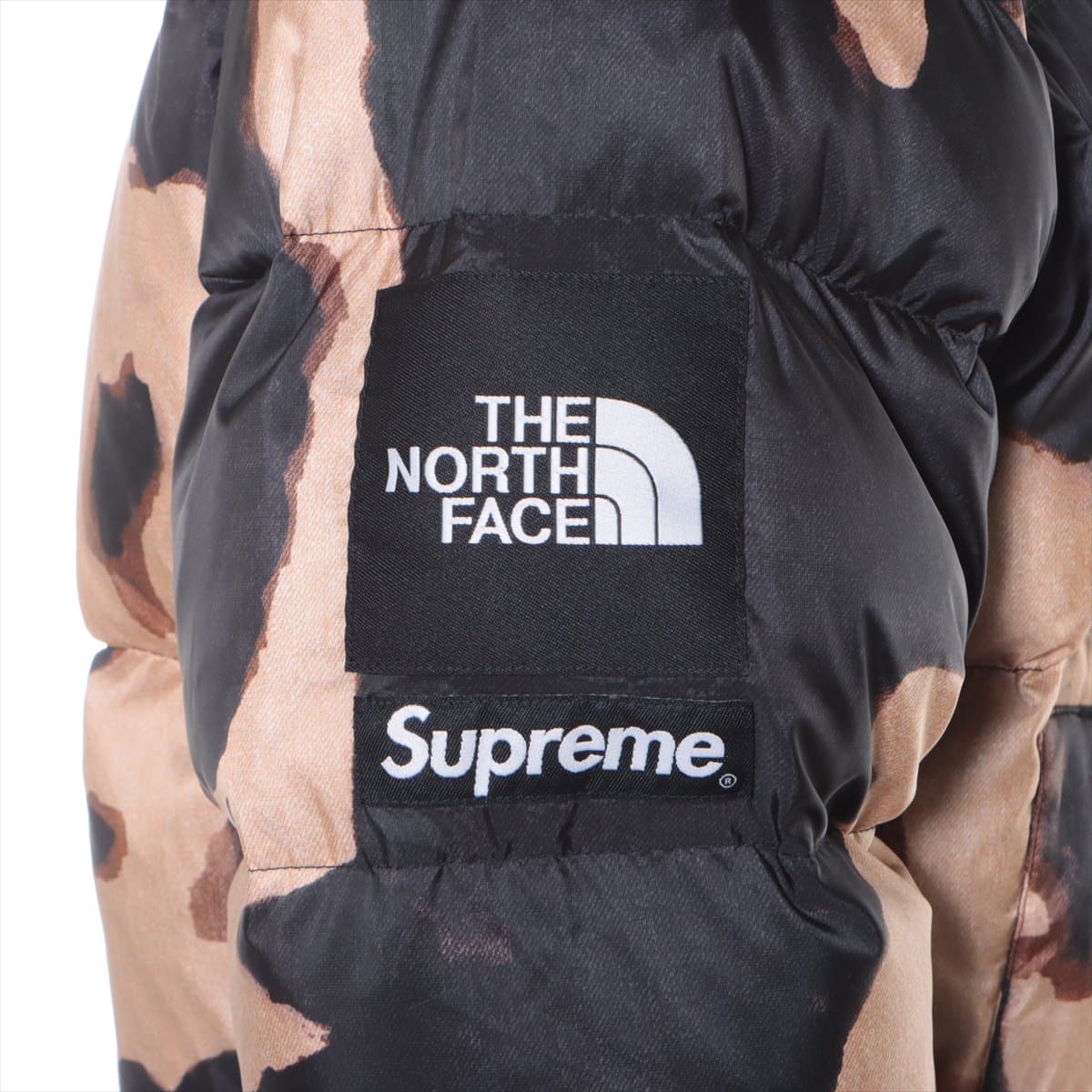 SUPREME × THE NORTH FACE 21AW Nylon Down jacket M Men's Black × Brown  ND521001 Tie-dye Bleached Denim Print Nuptse Jacket Can be stored in the hood