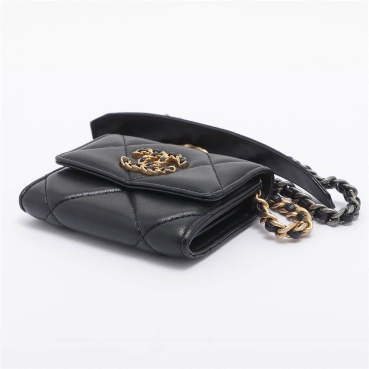Chanel CHANEL 19 Lambskin Chain wallet Card case Black Gold Metal fittings 30