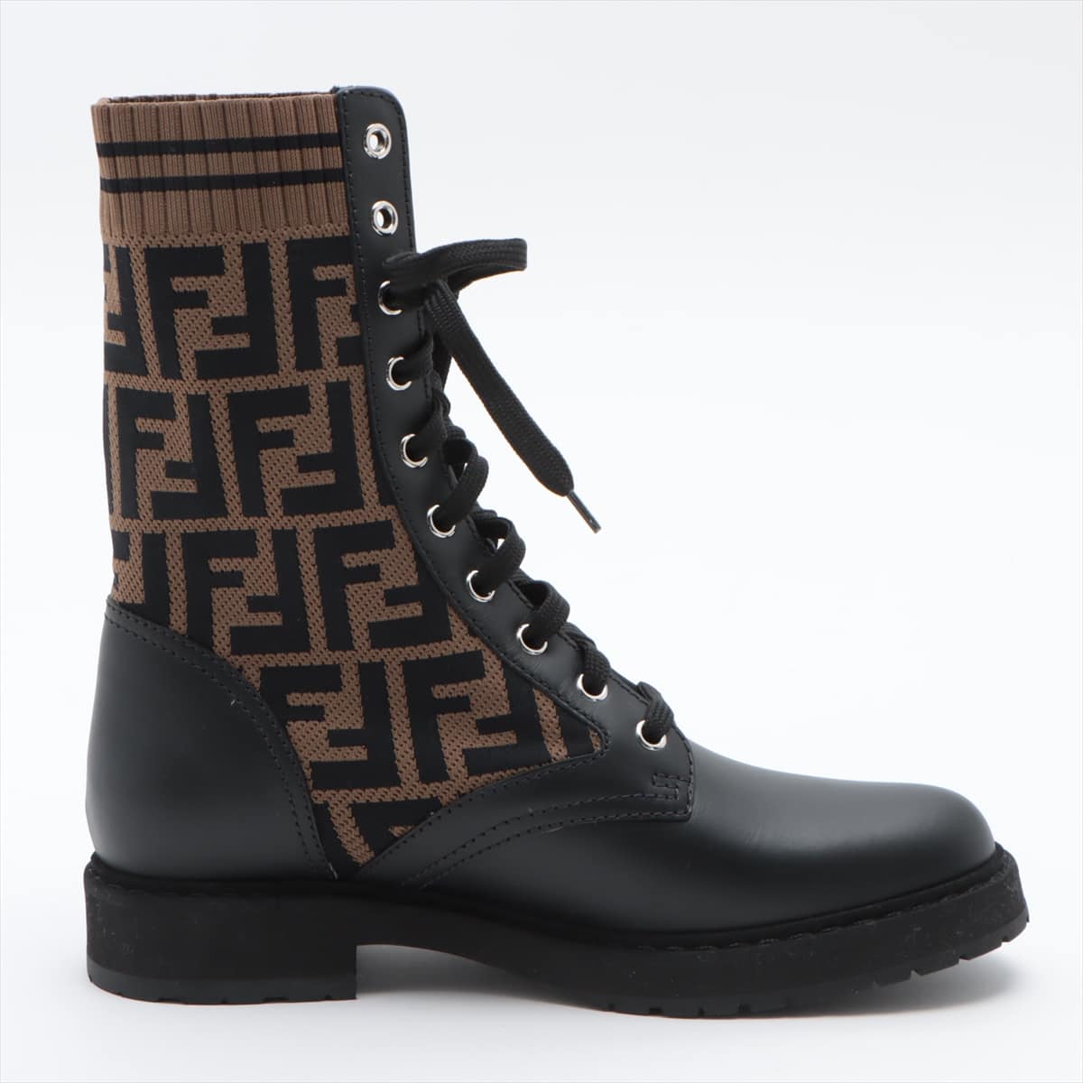 Fendi ZUCCa Knit × Leather Boots 38 Ladies' Black × Brown Lace up