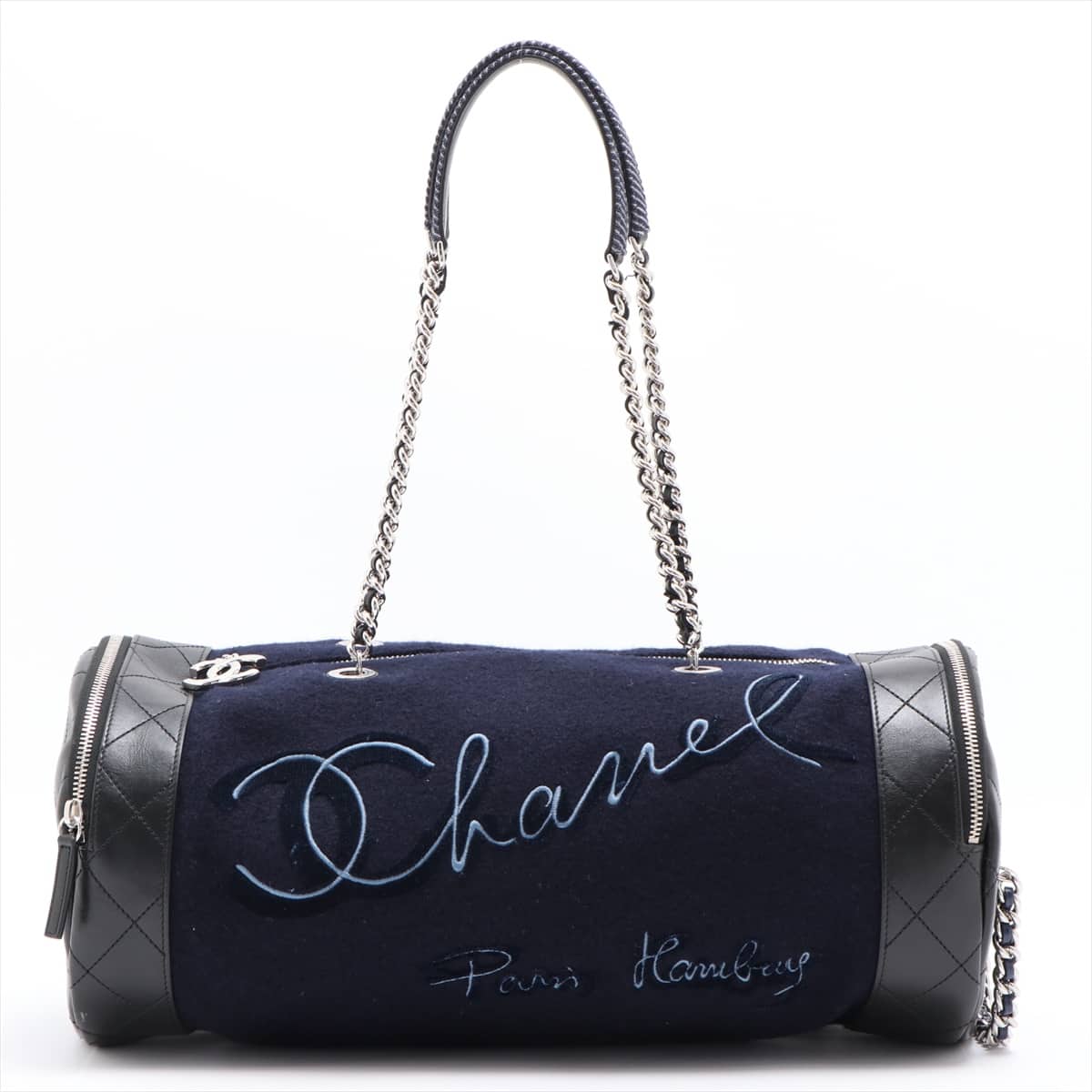 Chanel Logo Wool & leather Boston bag Embroidery Black x Navy Silver Metal fittings 26XXXXXX