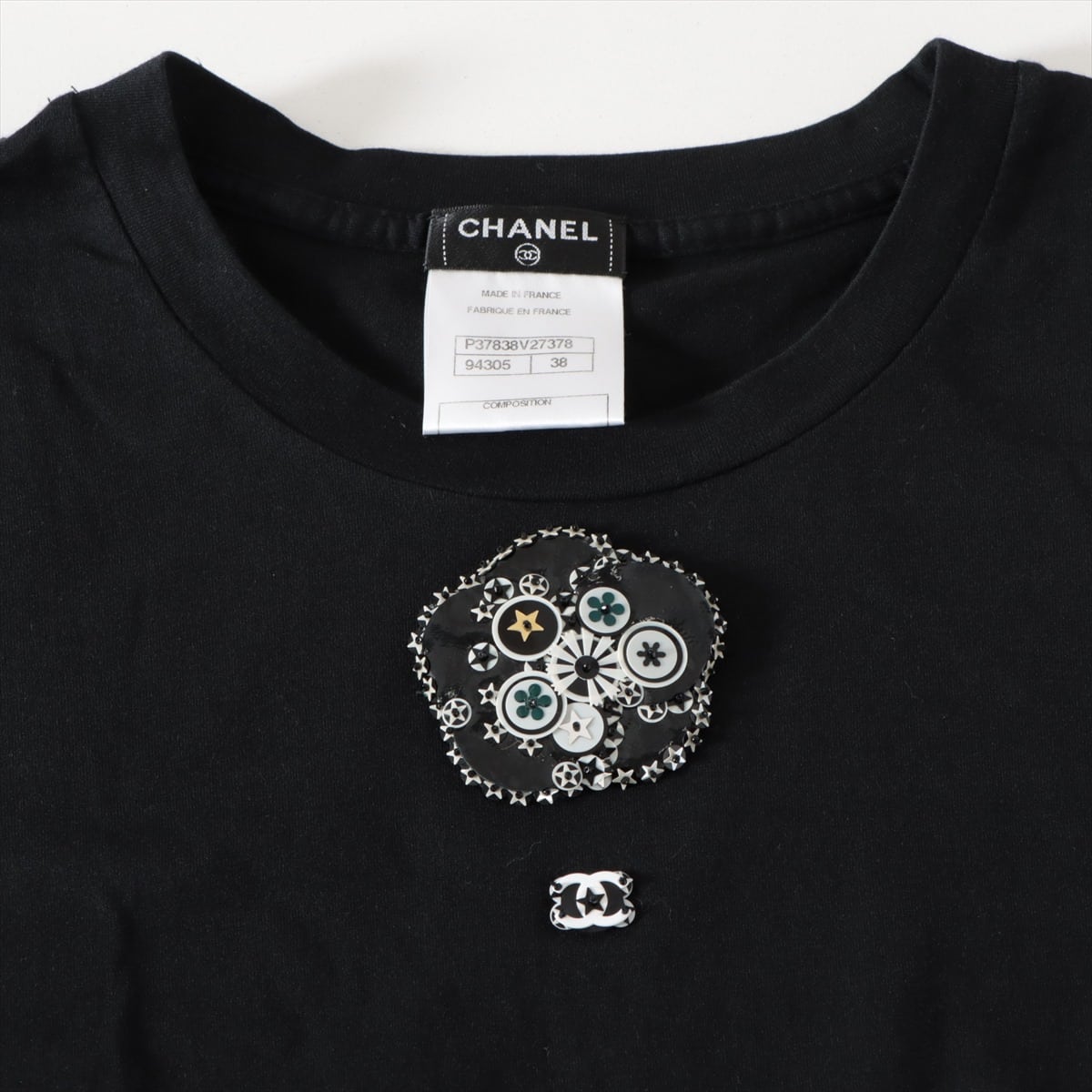 Chanel Coco Mark P37 Cotton T-shirt 38 Ladies' Black  Brooch