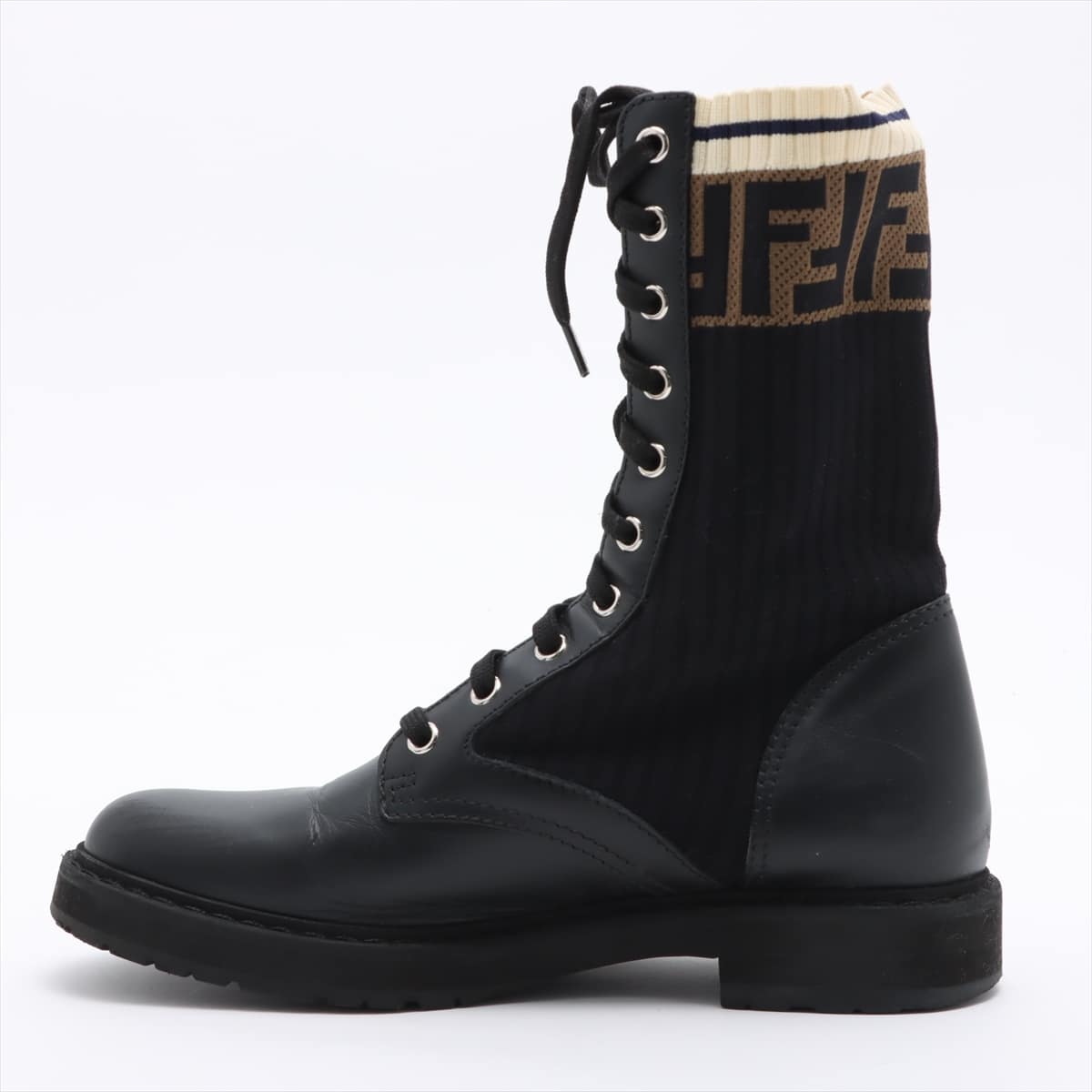 Fendi Knit × Leather Boots 37 Ladies' Black Rococo Lace up biker boots FF logo