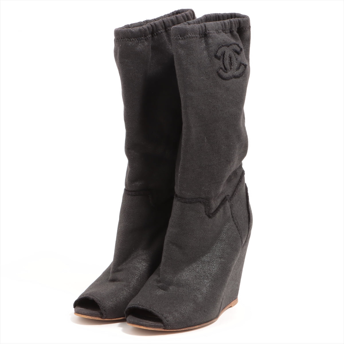 Chanel Coco Mark 08C Fabric Boots 36 1/2 Ladies' Black G25920 Open toe
