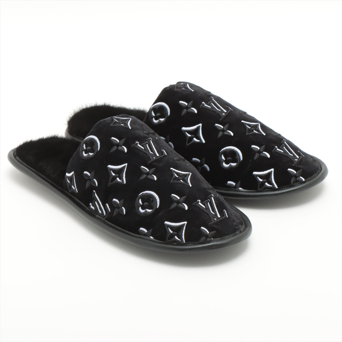 Louis Vuitton LV Suite Line Fabric Sandals 37-38 Ladies' Black Monogram Mink fur