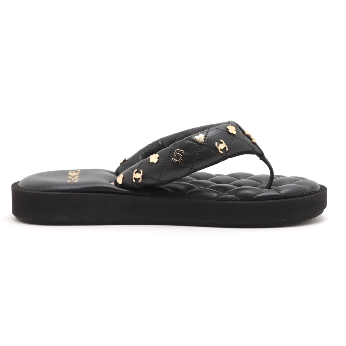 Chanel Coco Mark Matelasse Leather Sandals 37C Ladies' Black tongs
