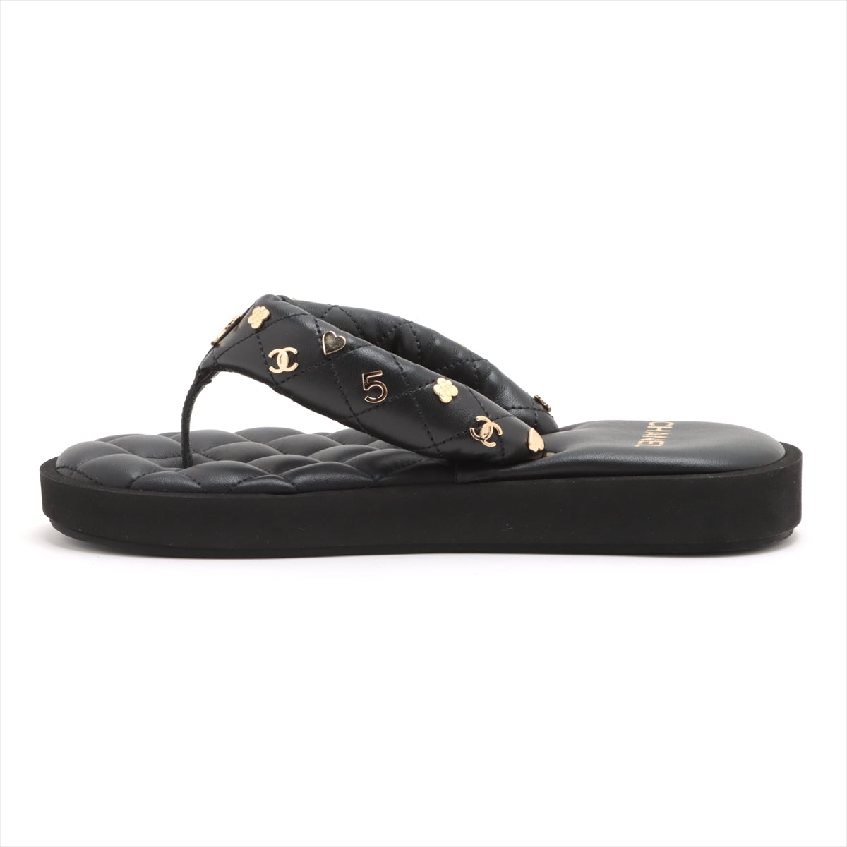 Chanel Coco Mark Matelasse Leather Sandals 37C Ladies' Black tongs