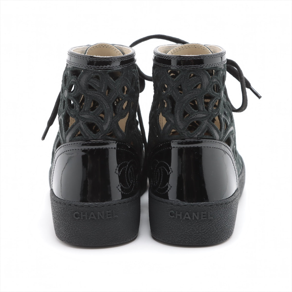 Chanel Coco Mark Leather x fabric High-top Sneakers 38 Ladies' Black floral lace Box Bag Included