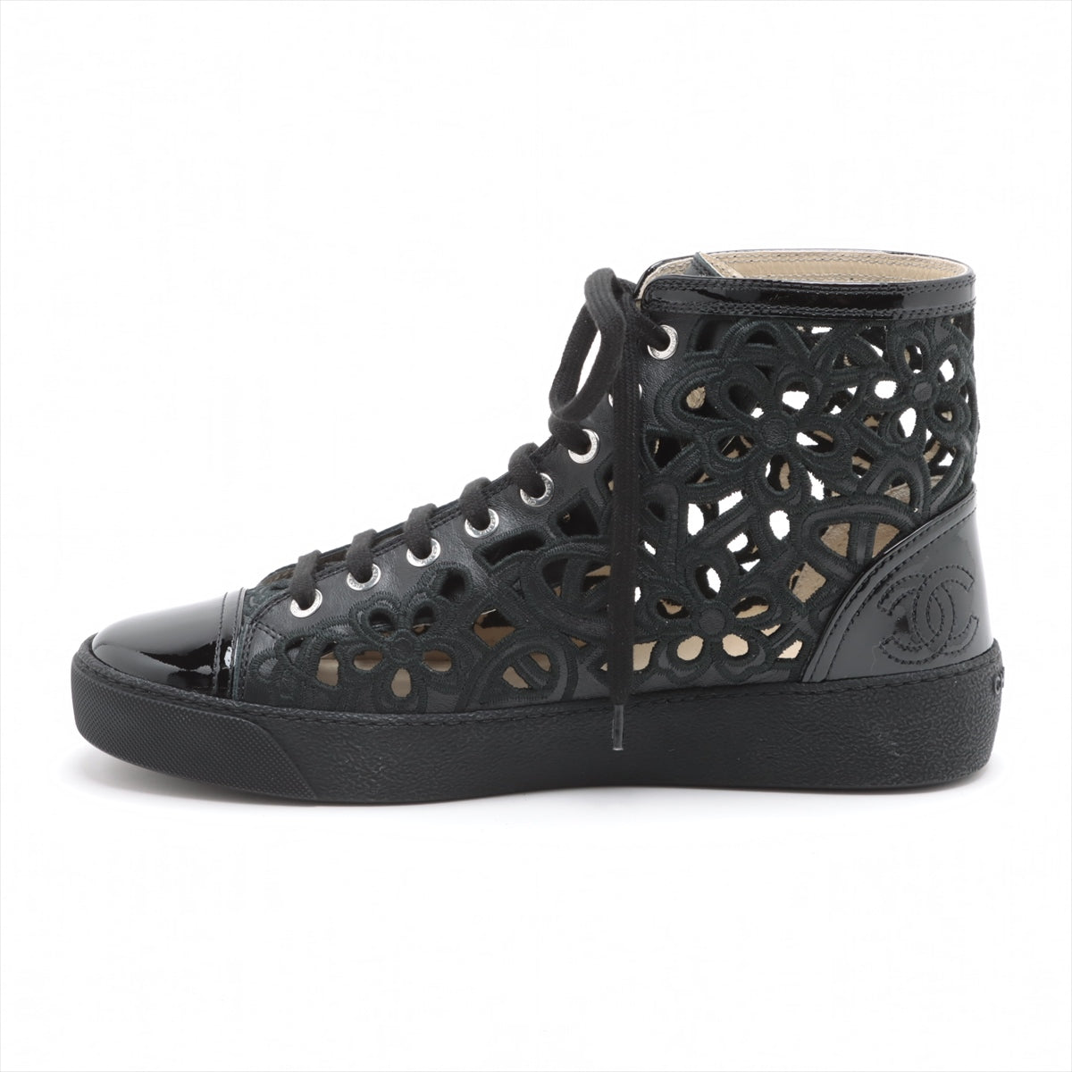 Chanel Coco Mark Leather x fabric High-top Sneakers 38 Ladies' Black floral lace Box Bag Included