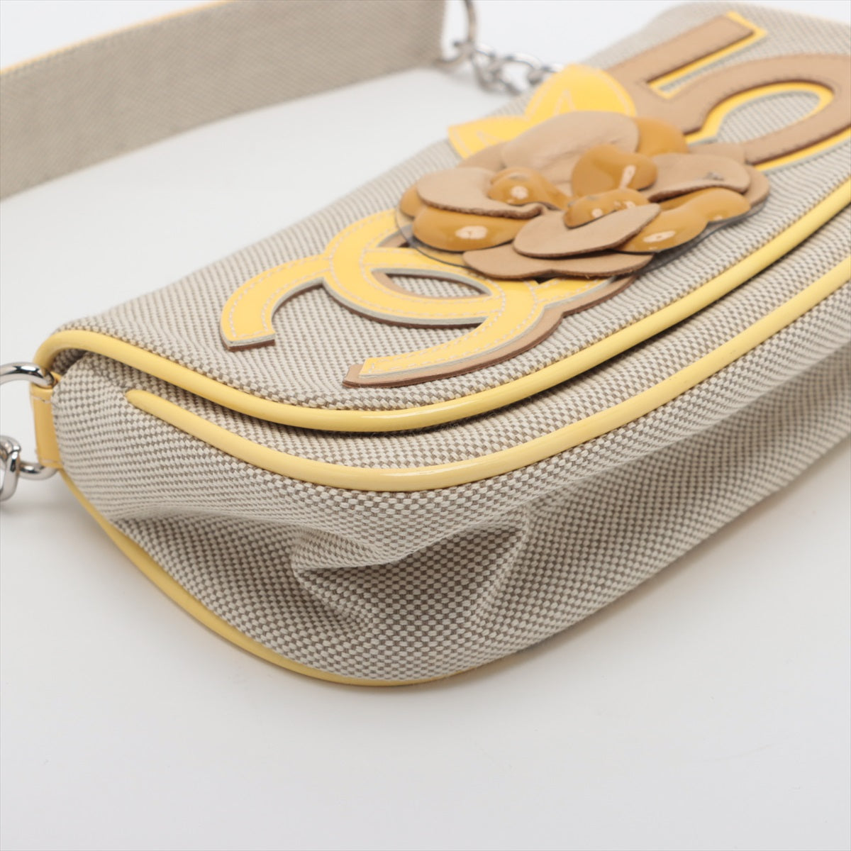 Chanel Camelia Canvas × Patent Leather Chain Shoulder Bag Yellow Silver Metal Fittings 10XXXXXX