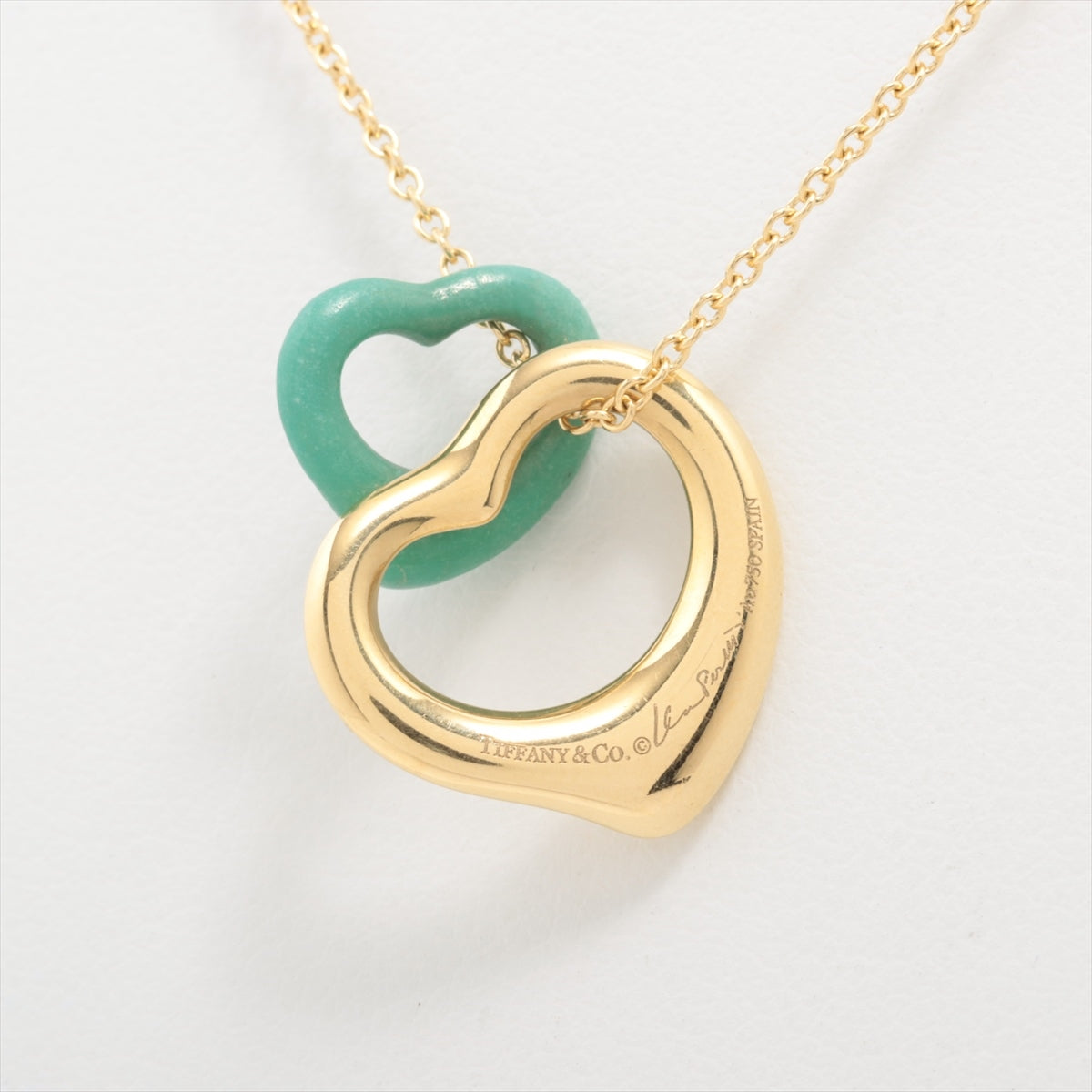 Tiffany Double Open Heart Turquoise Necklace 750(YG) 4.8g