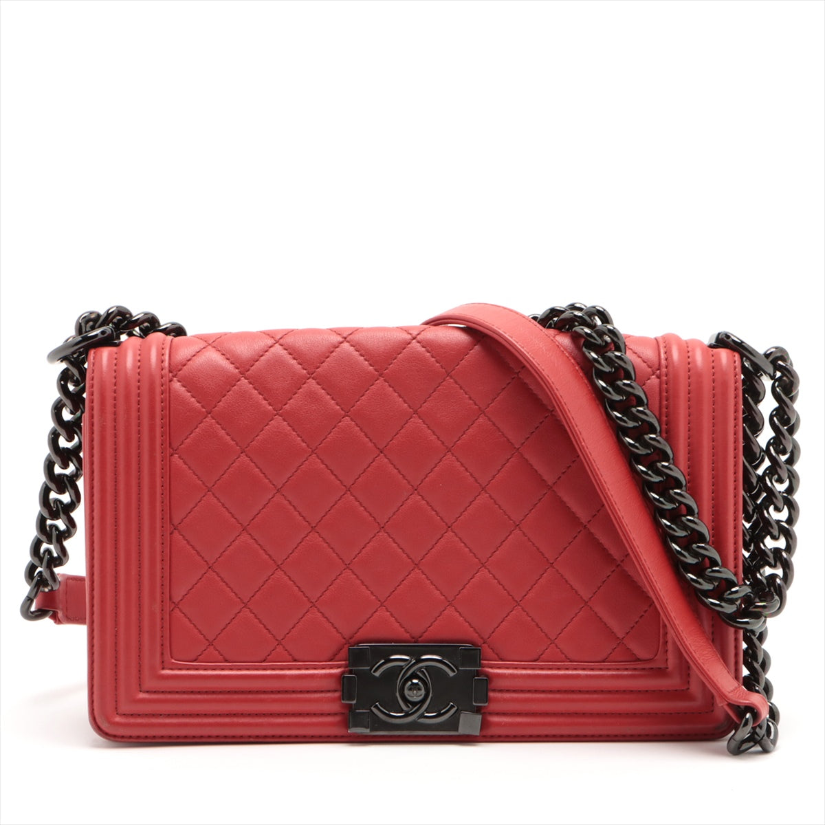 Chanel Boy Chanel Lambskin Chain Shoulder Bag Red Black Metal Fittings 25XXXXXX