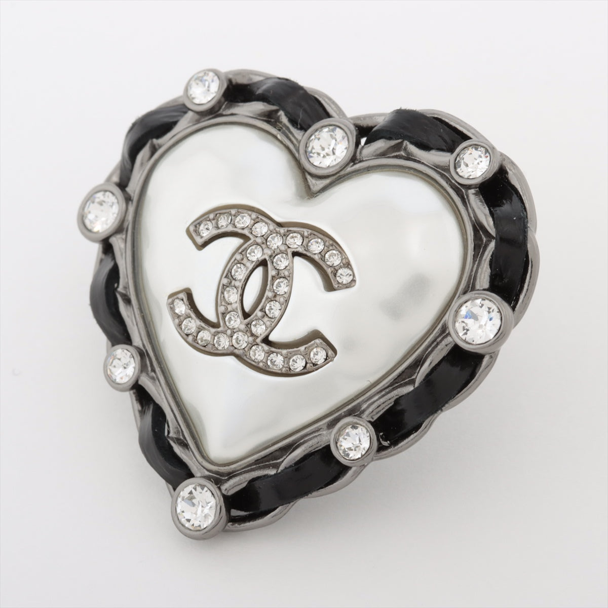 Chanel Coco Mark hearts A21A Pin brooch GP x Rhinestone x Leather Silver