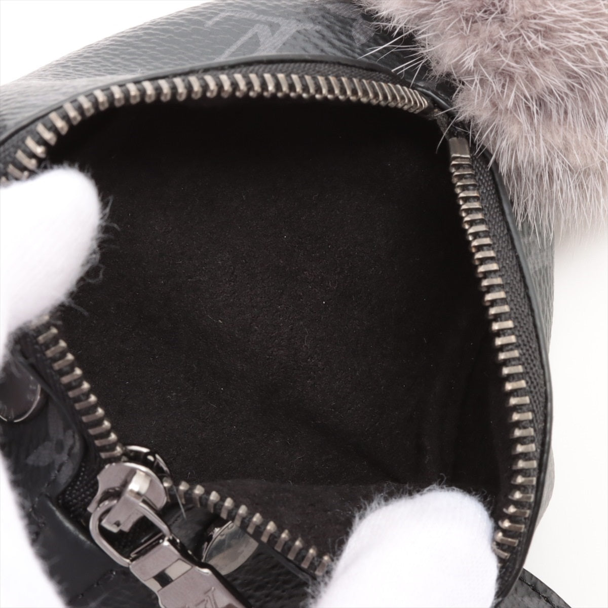 Louis Vuitton Charm PVC & leather Black x Gray M00962 Keyring Eclipse Pouch LV Chinchilla Mink fur