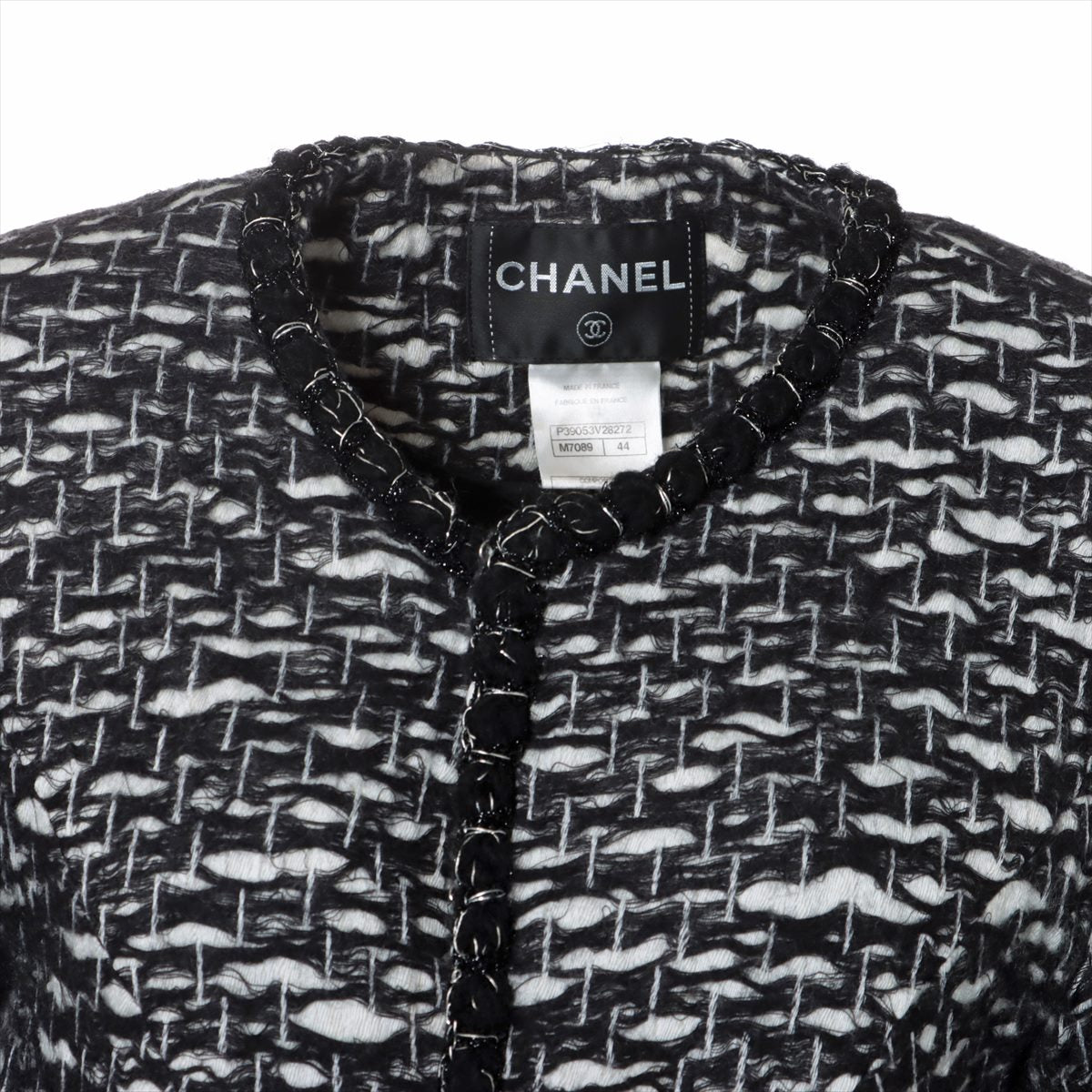 Chanel Coco Button Wool & Polyester Collarless jacket 44 Ladies' Black × White  P39053
